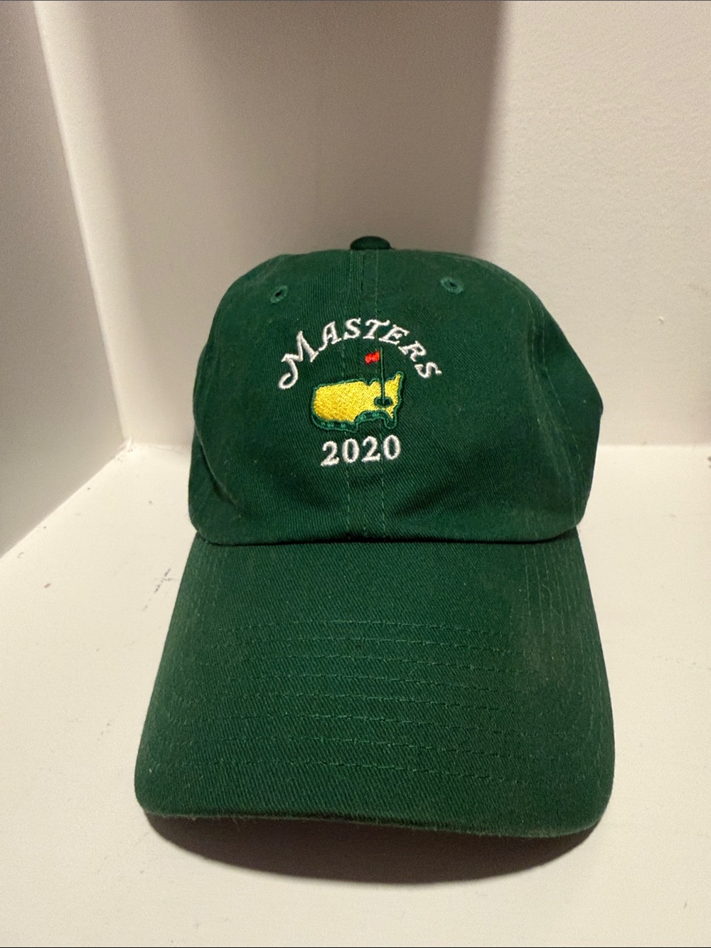 Masters Green Baseball Cap with Yellow Logo and White Stitching